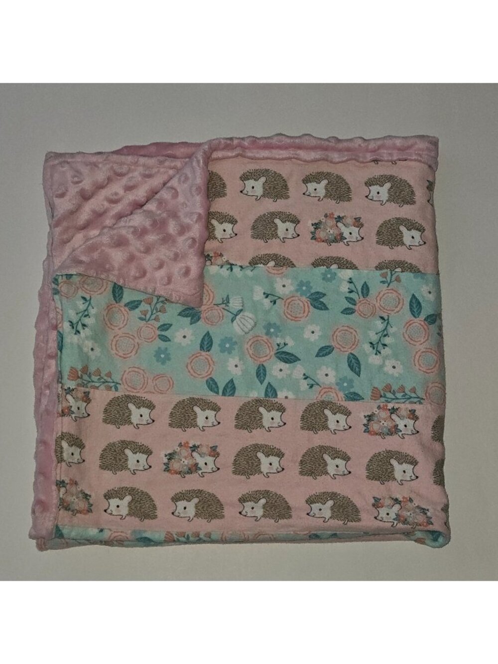 Handmade Baby Blanket Hedgehogs Flowers Minky Dot Pink Brown Blue 30x30